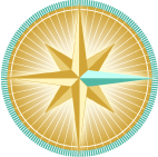 Ein goldener Kompass mit türkisem Rand und leuchtend hervorgehobener Spitze
