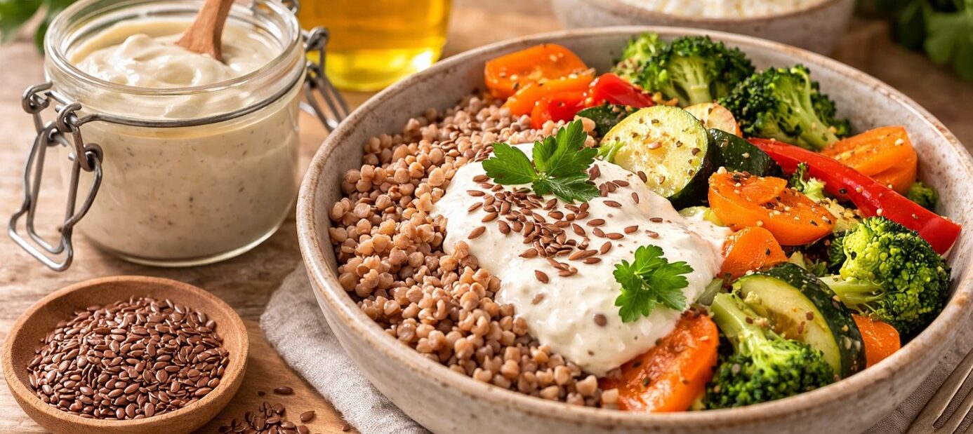Buchweizen Bowl mit Gemuese Joghurt und Leinsamen daneben Olivenoel und Dip