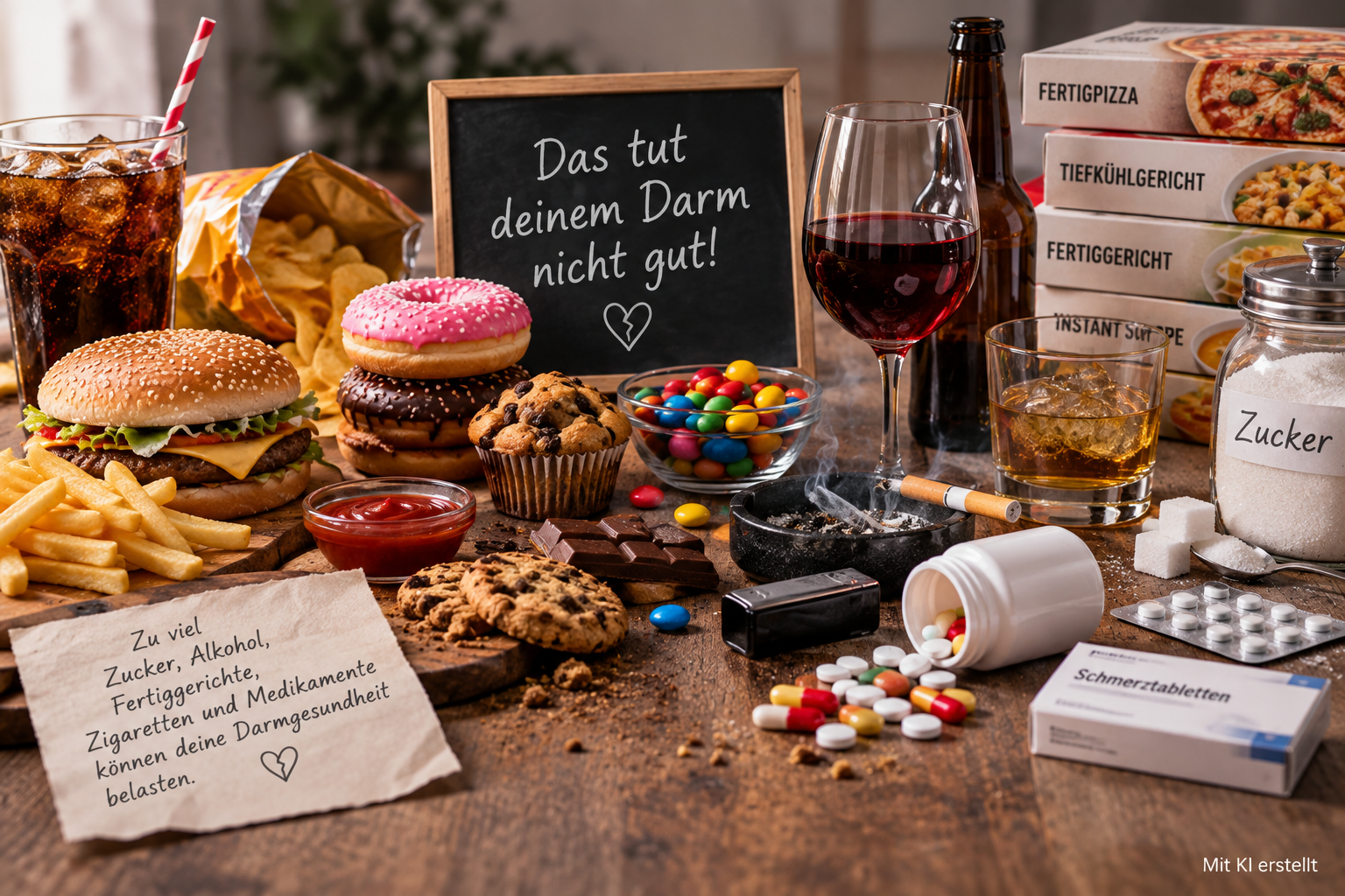 Ungesunde Lebensmittel Alkohol Zigaretten und Tabletten auf Holztisch