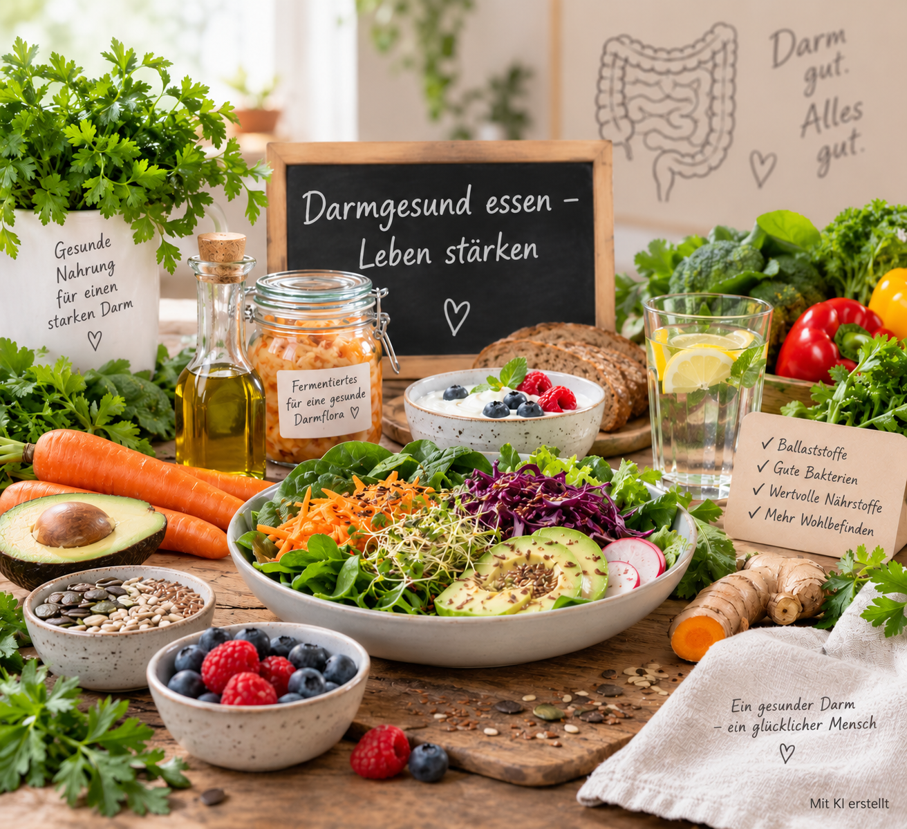 Darmgesunde Lebensmittel mit Salat Gemuese und Beeren auf Holztisch